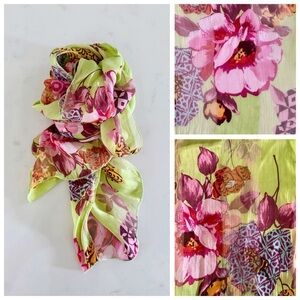 90s Vintage Marcrozier Paris Floral Print Silk Oblong Scarf Wrap, Green & Pink